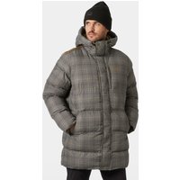 Brown Helly Hansen men's Alby puffy parka with hood, quilted design, and front zipper, size L.