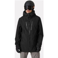 Black Helly Hansen men's ski shell with hood, zippered chest pockets, and adjustable cuffs, size L.