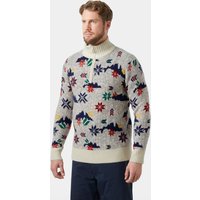 White wool knit sweater with colorful Arctic patterns, ½ zip collar, and ribbed cuffs and hem.