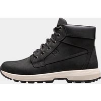 Black Helly Hansen men's boots with Primaloft insulation, lace-up design, padded collar, and white rubber sole.