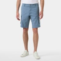 Navy Helly Hansen cargo shorts with side pockets, belt loops, and button closure, worn by a model in white sneakers.