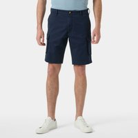 Navy blue cargo shorts with side pockets, belt loops, and button closure, worn by a model with white sneakers.