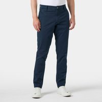Navy Helly Hansen men's chino pants with belt loops, front button, and side pockets, worn with white sneakers.