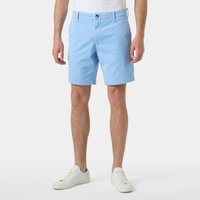 Blue Helly Hansen men's chino shorts, size 34, with belt loops, front button, and zip fly, worn by a model with white shoes.