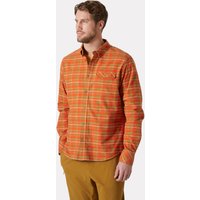 Orange checkered flannel shirt with long sleeves and button-up front, worn by a male model.