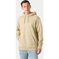 Beige Helly Hansen men's hoodie with drawstring hood and front pocket, size L.