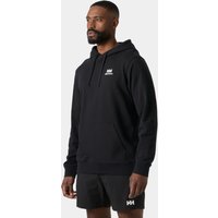 Black Helly Hansen men's hoodie with white logo on chest, drawstring hood, and ribbed cuffs, size L.