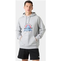 Gray Helly Hansen hoodie with colorful graphic on chest, drawstring hood, and front pocket, size 2XL.
