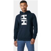 Navy Helly Hansen men's hoodie with large white graphic logo on chest, long sleeves, and drawstring hood.