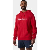 Red Helly Hansen men's hoodie with white logo text, drawstring hood, long sleeves, and ribbed cuffs in XL size.