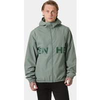Grey Helly Hansen men's rain jacket, size 2XL, with hood and large green logo across chest.