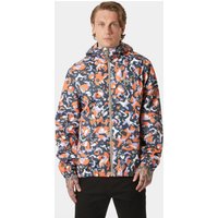 Orange and gray camo-patterned Helly Hansen men's rain jacket with hood, zipper front, and elastic cuffs, size XL.
