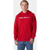 Red Helly Hansen men's hoodie with white logo text, front pocket, and drawstring hood.