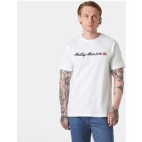White Helly Hansen men's T-shirt with black logo text and small red emblem, short sleeves, size S.