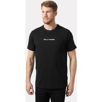 Black Helly Hansen men's T-shirt with white logo on chest, short sleeves, crew neck, size small.