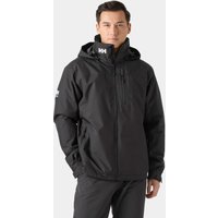 Black Helly Hansen men's hooded pile jacket with front zipper, chest pocket, and logo on collar, size M.