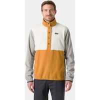Brown Helly Hansen men's pullover with snap buttons, contrasting gray sleeves, and white upper chest panel, size L.