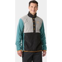 Green and gray Helly Hansen men's pullover with snap buttons, black lower section, and orange trim, size L.
