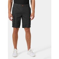 Grey Helly Hansen men's cargo shorts with multiple pockets, knee-length, size 34, worn by model with white sneakers.
