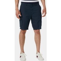 Navy Helly Hansen men's cargo shorts with side pockets, elastic waistband, and knee-length fit, size 30.