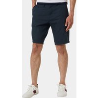 Navy blue men's shorts with side pockets, belt loops, and a tailored fit, worn with white sneakers.