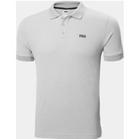 Grey Helly Hansen men's polo with quick-dry fabric, short sleeves, buttoned collar, and HH logo on chest.