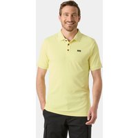 Yellow Helly Hansen men's polo shirt, quick-dry fabric, short sleeves, buttoned collar, black logo on chest.