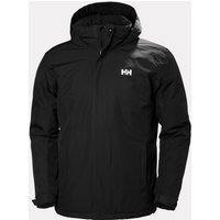 Black Helly Hansen men's insulated jacket with hood, front zipper, and logo on chest, size S.