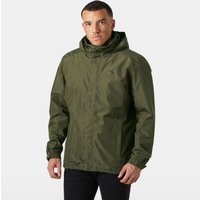 Green Helly Hansen men's insulated jacket, hooded, lightweight, size 2XL, with front zipper and adjustable cuffs.