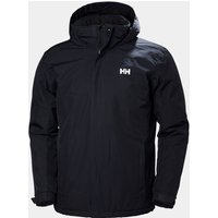 Navy Helly Hansen men's insulated jacket with hood, front zipper, and HH logo on chest, size 2XL.