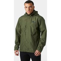 Green Helly Hansen men's rain jacket, size 2XL, with hood and front zipper, featuring Helly Hansen logo on chest.