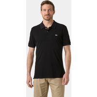 Black Helly Hansen men's polo shirt, short sleeves, fitted design, small logo on chest, worn by male model.