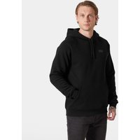 Black Helly Hansen men's hoodie with drawstring hood and front kangaroo pocket, size small.