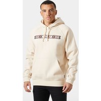 White Helly Hansen men's hoodie with drawstrings, front pocket, and logo on chest, size L.