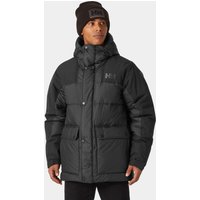 Black Helly Hansen men's down jacket with hood, front zipper, and logo on chest, worn by a model.