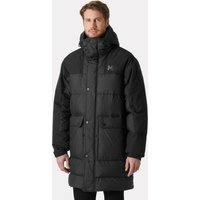 Black Helly Hansen men's down parka with hood, front pockets, and button closure, size XL.