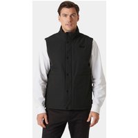 Black Helly Hansen men's insulated vest, sleeveless, front zip, button closure, high collar, size XL.