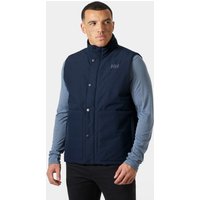 Navy insulated vest with front snap buttons and high collar, worn by a male model, Helly Hansen logo on chest.