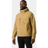 Brown Helly Hansen men's rain jacket with hood, front zipper, and two chest pockets, size S.
