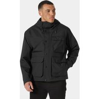 Black Helly Hansen men's rain jacket with hood, front zipper, snap buttons, and multiple pockets, size M.