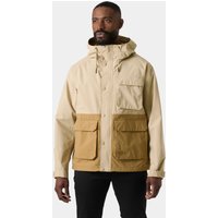 Brown Helly Hansen men's rain jacket, 2XL, with hood, dual chest pockets, and large front flap pockets.