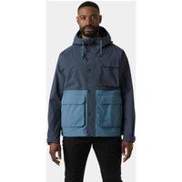 Navy Helly Hansen rain jacket with hood, chest pocket, and large front pockets, size M.