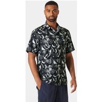 Navy Helly Hansen short-sleeve shirt with white nautical print, button-up front, and collar, worn by a male model.