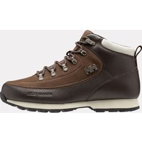 Brown Helly Hansen men's winter boots with leather upper, metal eyelets, and padded ankle, size 9.5.