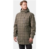 Brown Helly Hansen men's insulated jacket with plaid pattern, hood, chest zipper pocket, and front zip closure.