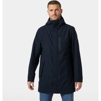 Navy Helly Hansen men's insulated jacket with hood, front zipper, and two large pockets, size 2XL.