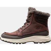 Brown Helly Hansen waterproof leather boots, size 12.5, with fur lining, lace-up front, and rugged sole.
