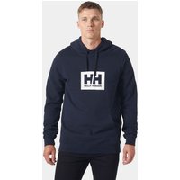 Navy Helly Hansen hoodie with white HH logo on chest, drawstring hood, and long sleeves.