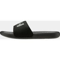 Black Helly Hansen men's slide sandal with wide strap and logo, textured footbed, and slip-resistant sole.
