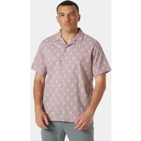 Purple short sleeve shirt with subtle geometric pattern, button-up collar, and relaxed fit, worn by a male model.